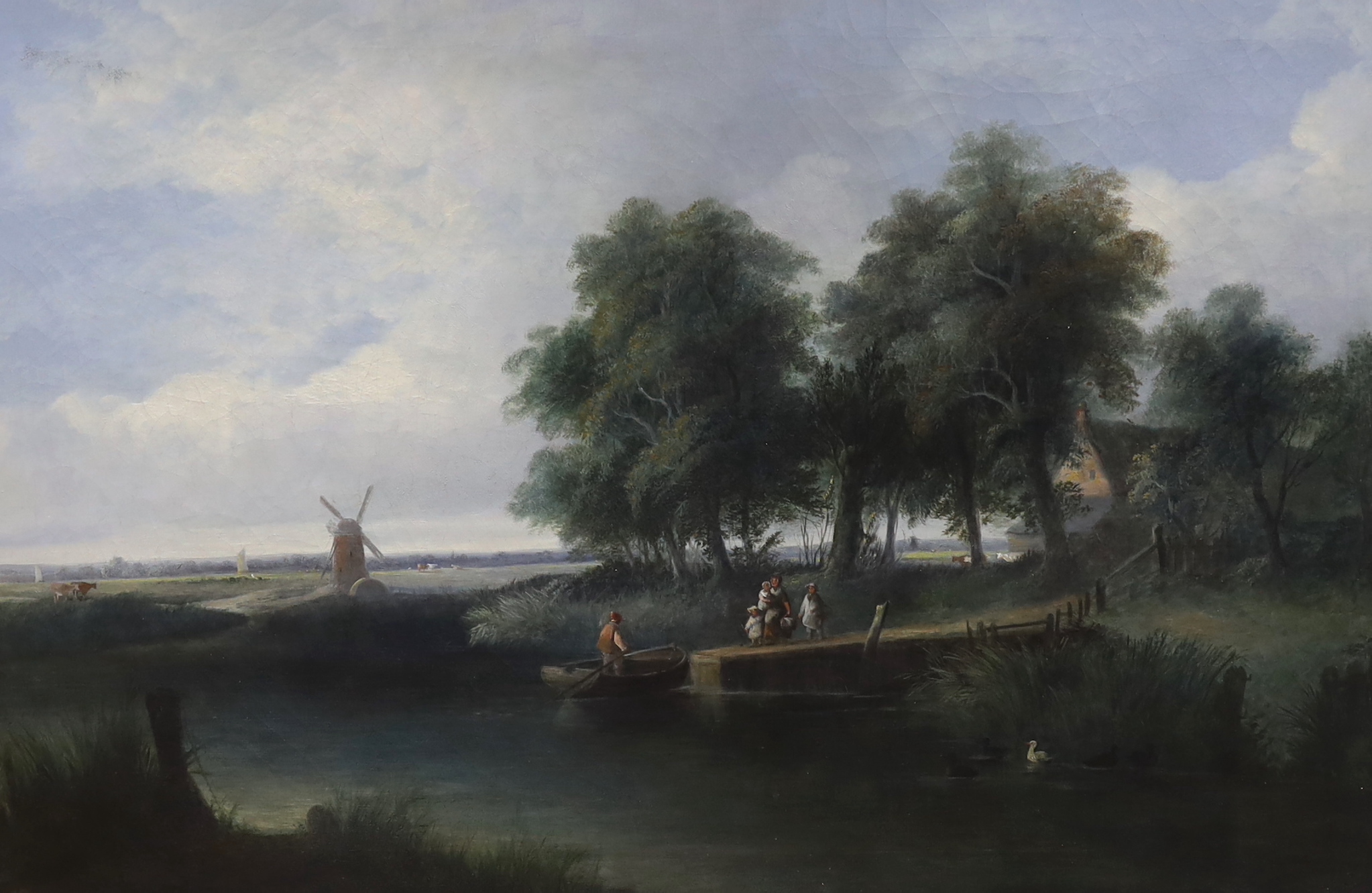 Samuel David Colkett (1806-1863), oil on canvas, Reedham Ferry, ornate gilt framed, 75cm x 50cm